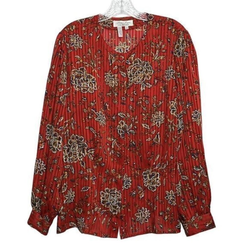 Laura & Jayme Collection Womens Red Floral Button Down LongSleeve Blouse Size 16